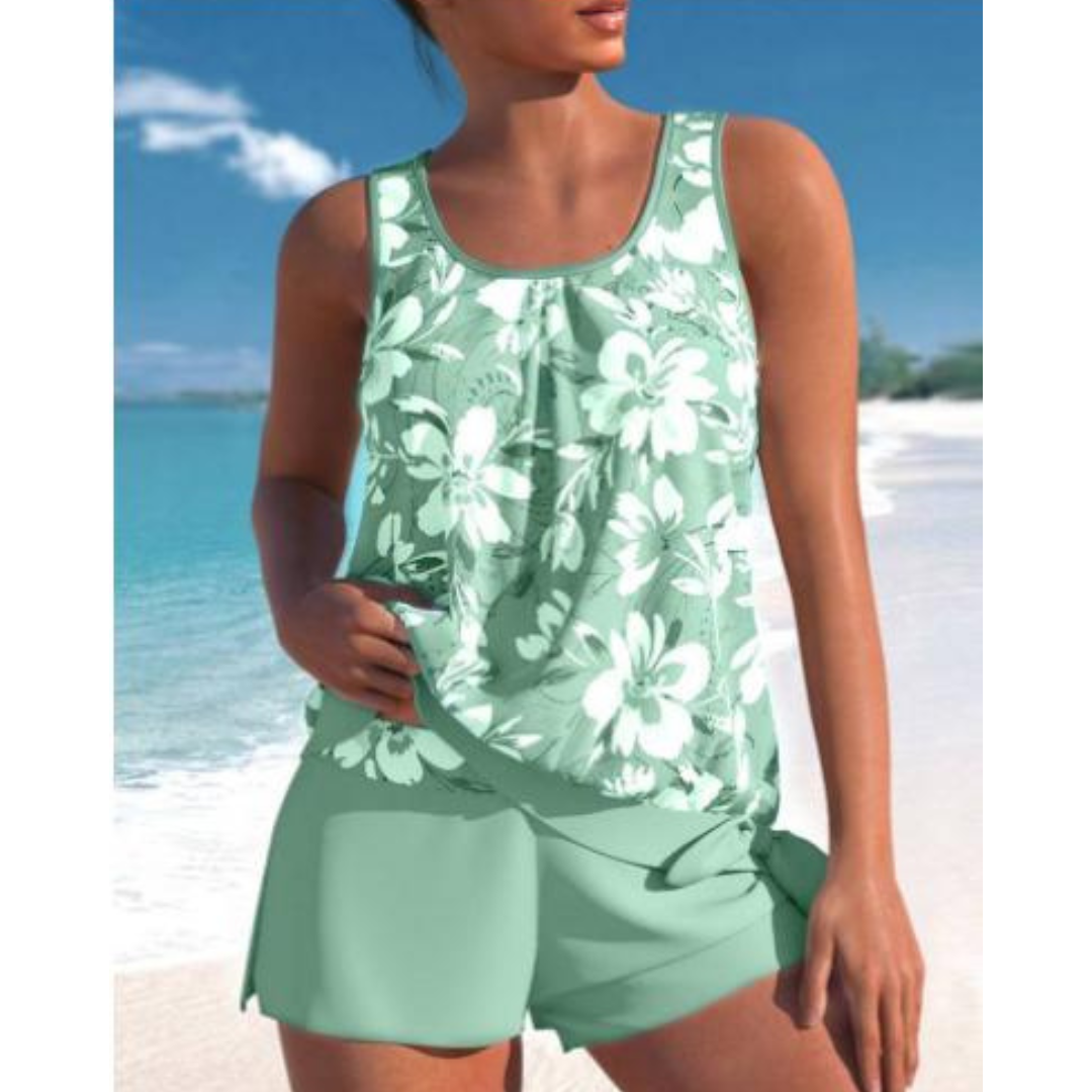 Set tankini cu imprimeu floral | Top fără bretele și pantaloni scurți
