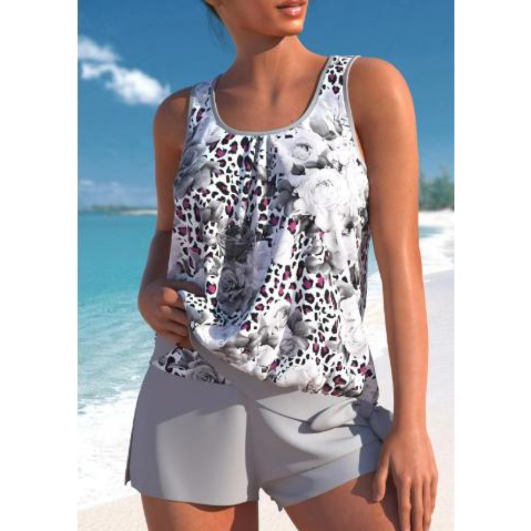 Set tankini cu imprimeu floral | Top fără bretele și pantaloni scurți