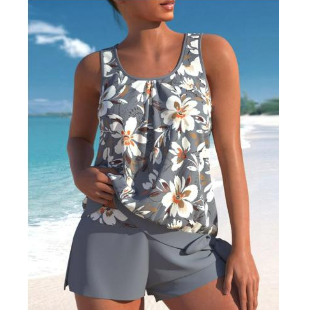 Set tankini cu imprimeu floral | Top fără bretele și pantaloni scurți