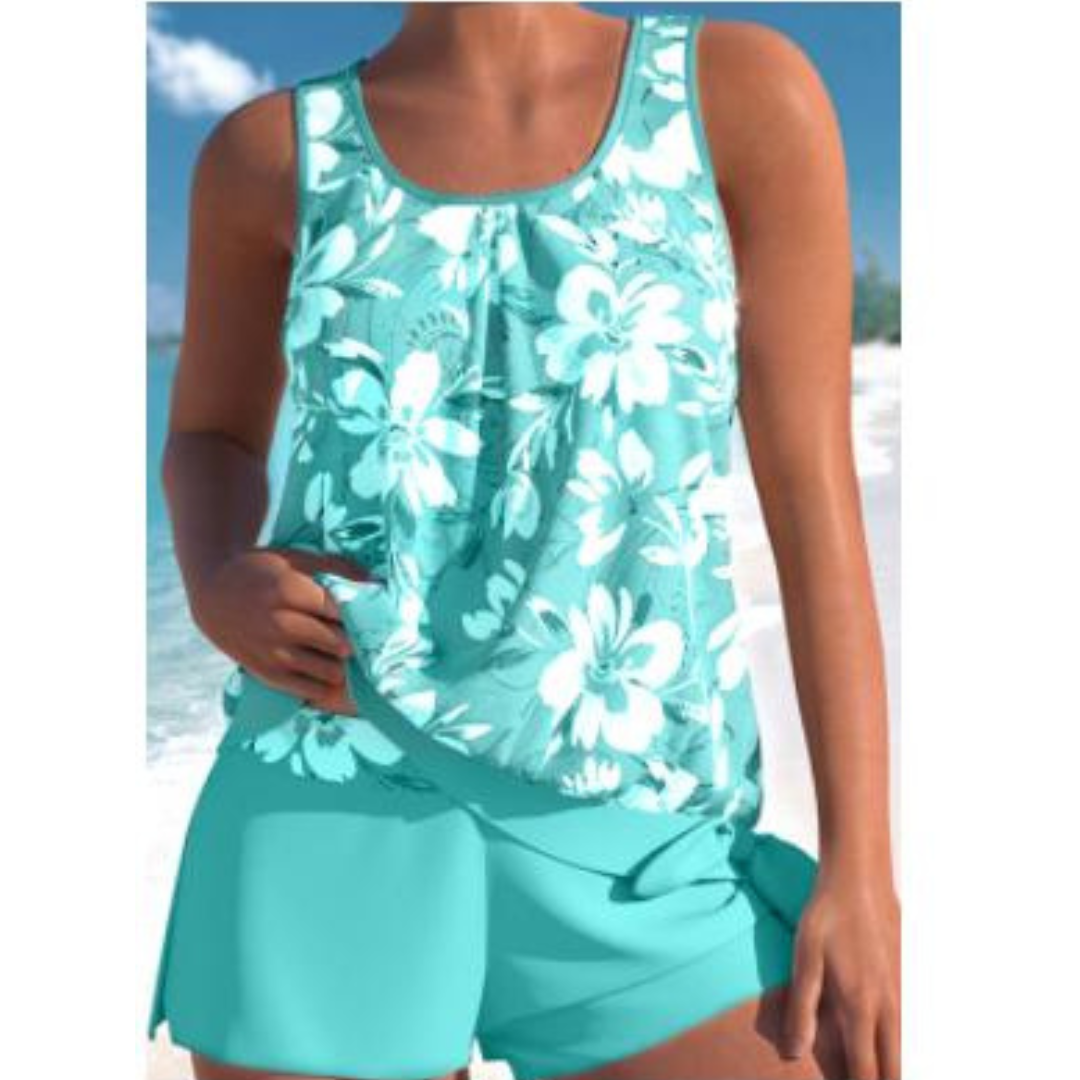 Set tankini cu imprimeu floral | Top fără bretele și pantaloni scurți