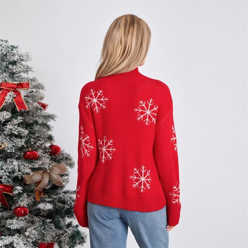 Snowflake Print Pullover Sweater with Mock Neckline