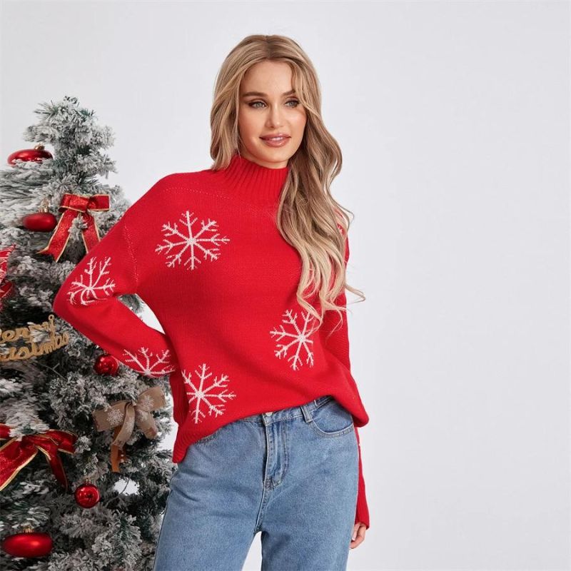 Snowflake Print Pullover Sweater with Mock Neckline