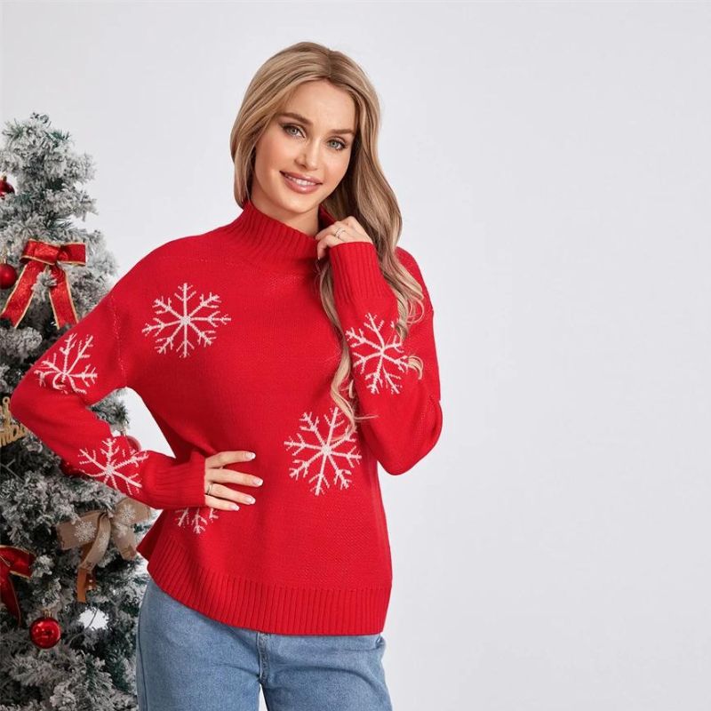 Snowflake Print Pullover Sweater with Mock Neckline