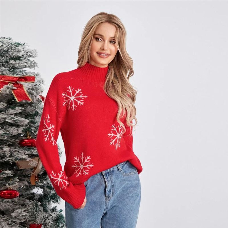 Snowflake Print Pullover Sweater with Mock Neckline