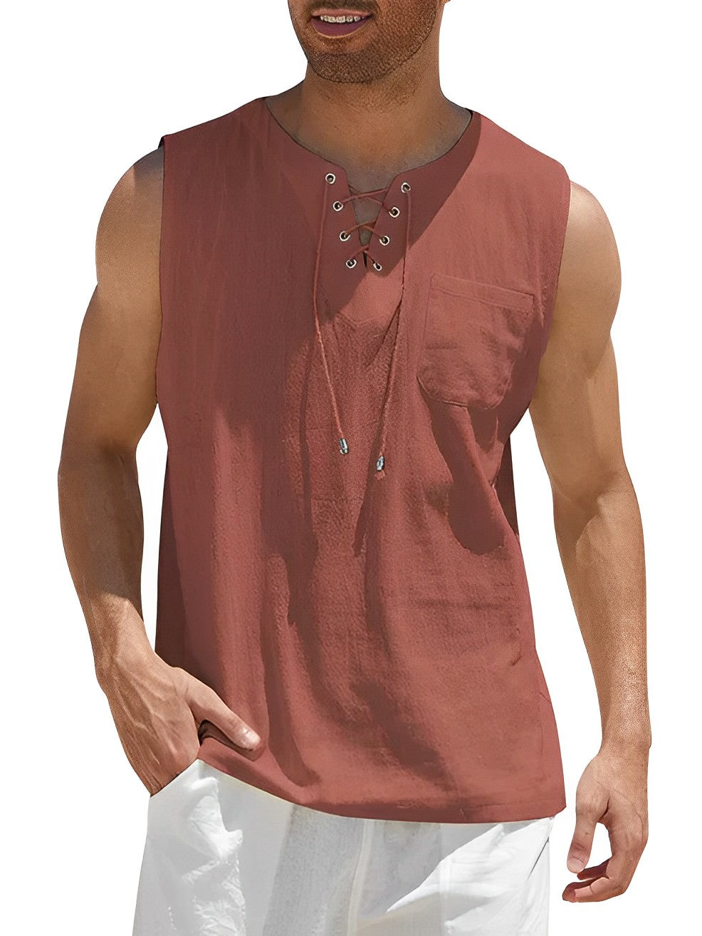 Débardeur à lacets et col en V pour homme | Chemise d'été sans manches, légère et respirante | Haut de plage décontracté à la coupe ample pour homme