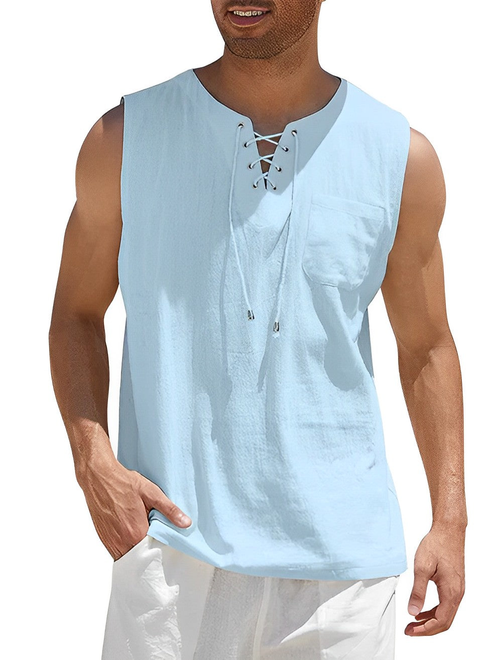 Débardeur à lacets et col en V pour homme | Chemise d'été sans manches, légère et respirante | Haut de plage décontracté à la coupe ample pour homme