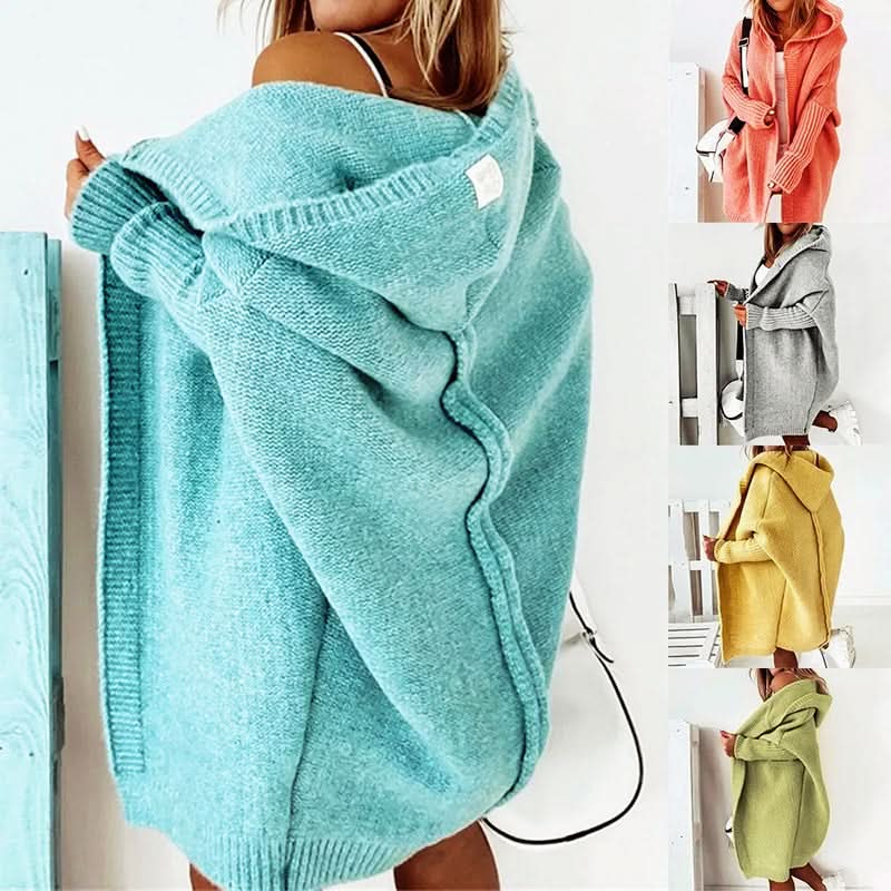 Cárdigan con capucha para mujer - Jersey de punto oversize con abertura frontal - Prenda cruzada de corte holgado, larga hasta la rodilla, ideal para combinar y disfrutar de una comodidad informal
