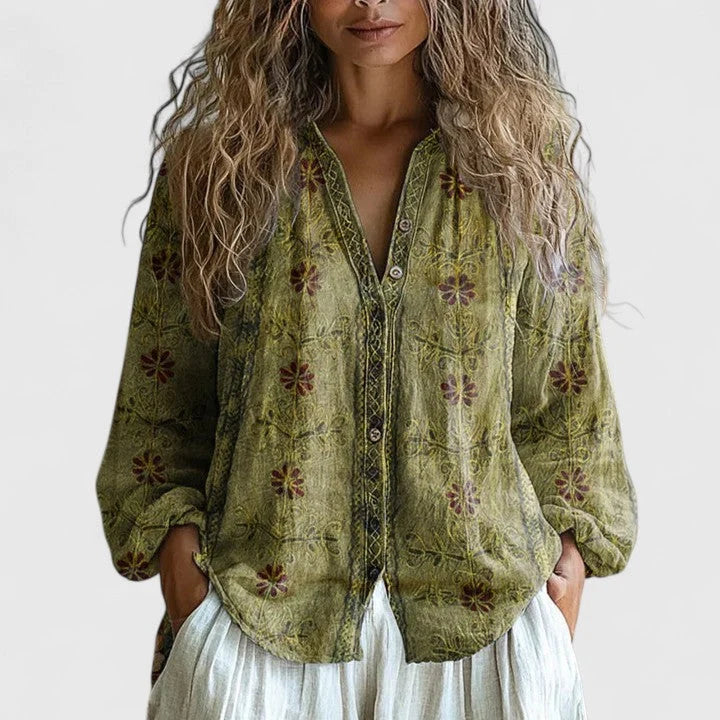 Camicetta da donna con stampa a foglie | Comoda maglietta casual a maniche lunghe | Camicia autunnale con stampa retrò, ideale per il lavoro e per tutti i giorni