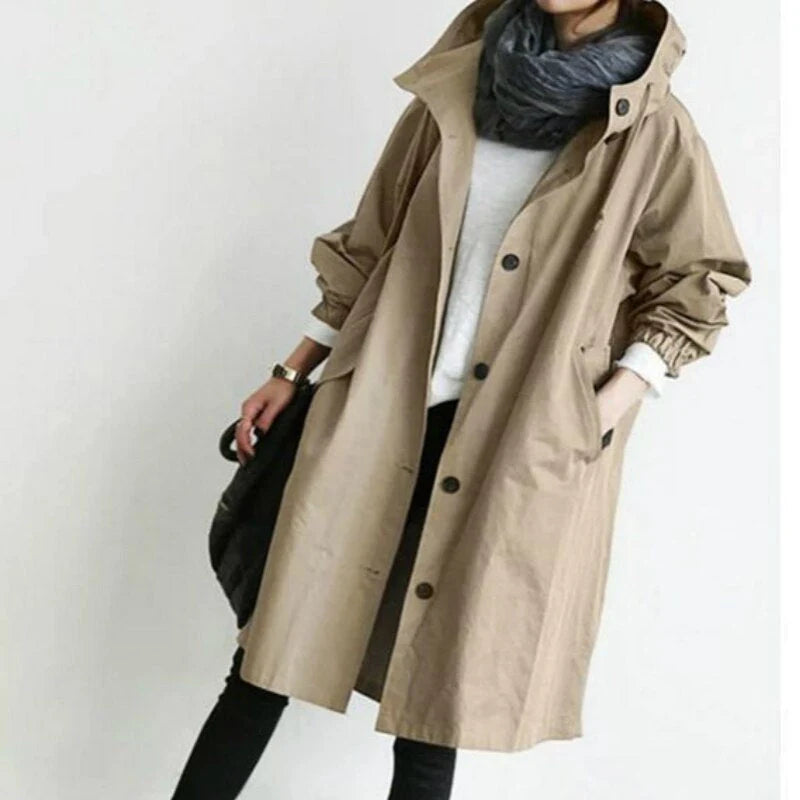 Trench lungo da donna con cappuccio