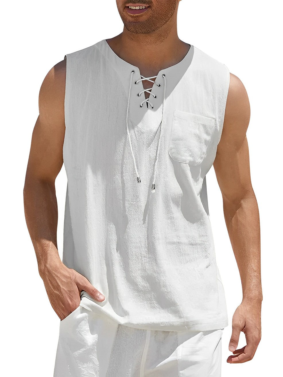 Débardeur à lacets et col en V pour homme | Chemise d'été sans manches, légère et respirante | Haut de plage décontracté à la coupe ample pour homme