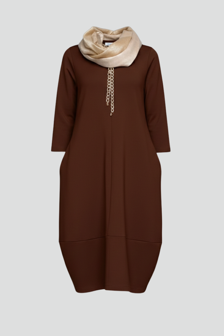 Women's Midi Dress with Pockets | A-Line 3/4 Sleeve Round Neck Textured Casual Dress for Everyday Comfortable Wear