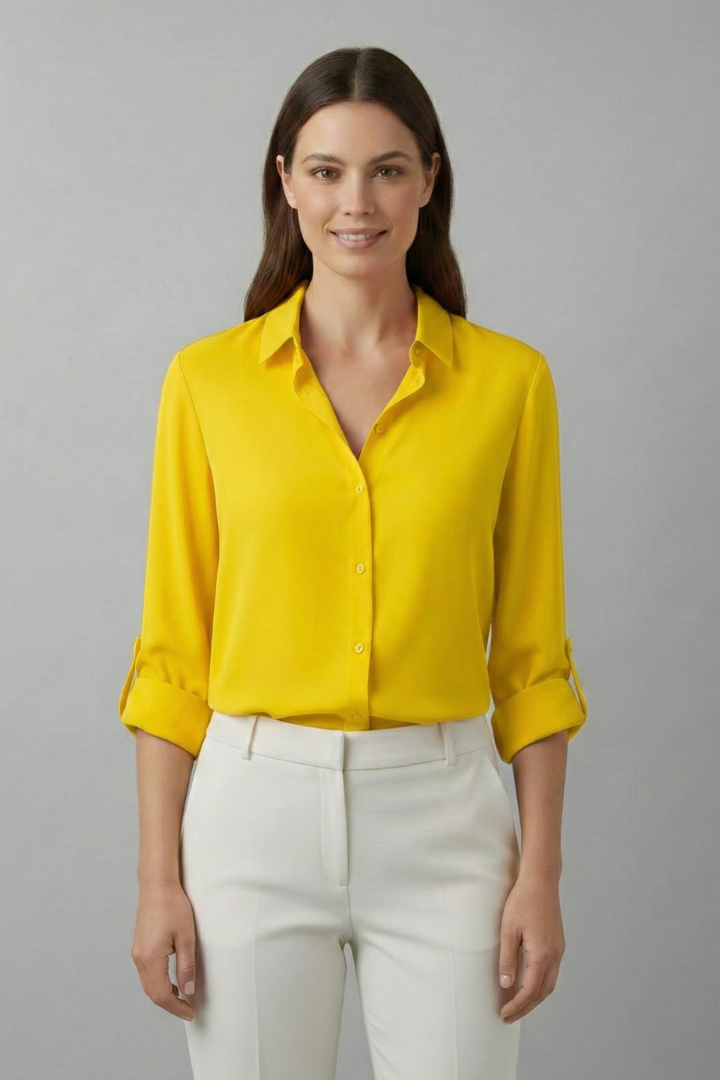 Women's Long Sleeve Button Down Blouse - Collared Smart Casual Shirt with Curved Hem and Subtle Sheen Finish for Everyday Wear