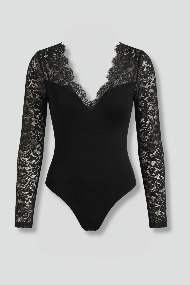 Damebluse med V-udskæring og blonder på ærmerne | Tætsiddende langærmet pullover | Halvgennemsigtig bluse i strukturblonder | Tætsiddende top med snævert overdel