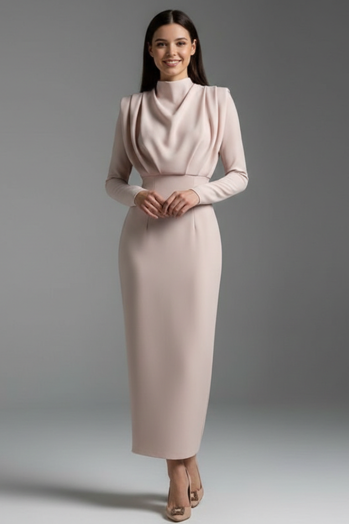 Women's High Neck Maxi Dress with Long Sleeves and Draped Bodice - Ankle Length Straight Skirt for All Season Wear
