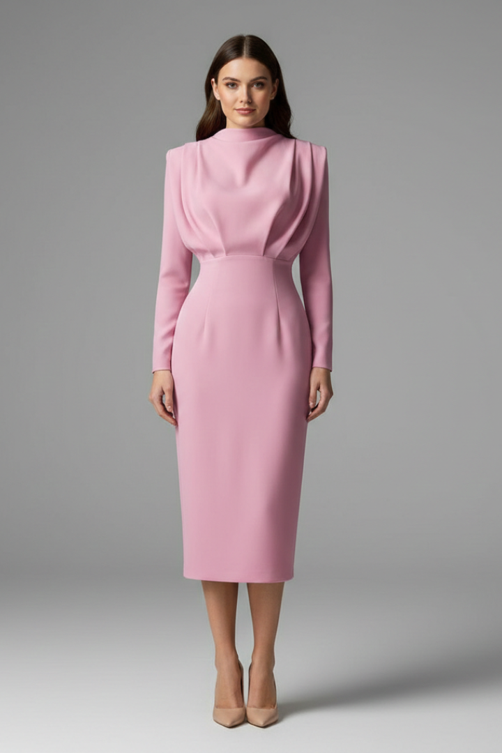 Women's High Neck Maxi Dress with Long Sleeves and Draped Bodice - Ankle Length Straight Skirt for All Season Wear