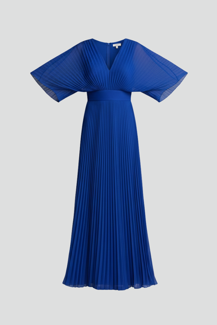 Dámské maxišaty s výstřihem do V a dlouhými rukávy – splývavá sukně po zem s překrývající se přední částí a zvýrazněným pasem