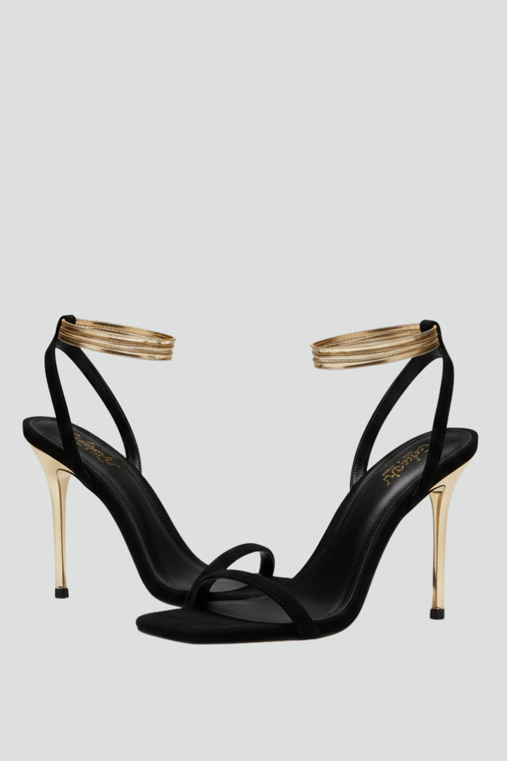 Sandali da donna con tacco, cinturino avvolgente alla caviglia e tacco sottile | Scarpe eleganti con punta aperta e tomaia leggermente decorata