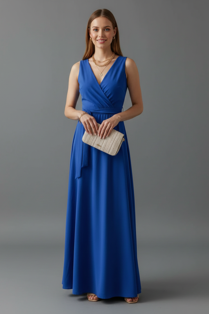 Women's V-Neck Maxi Dress | Sleeveless Floor Length Woven Gown with Adjustable Waist Tie | Versatile Occasion Long Dress