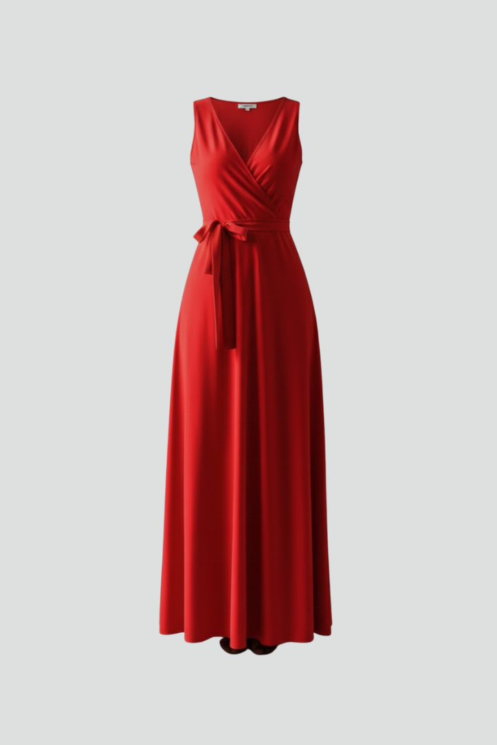 Women's V-Neck Maxi Dress | Sleeveless Floor Length Woven Gown with Adjustable Waist Tie | Versatile Occasion Long Dress