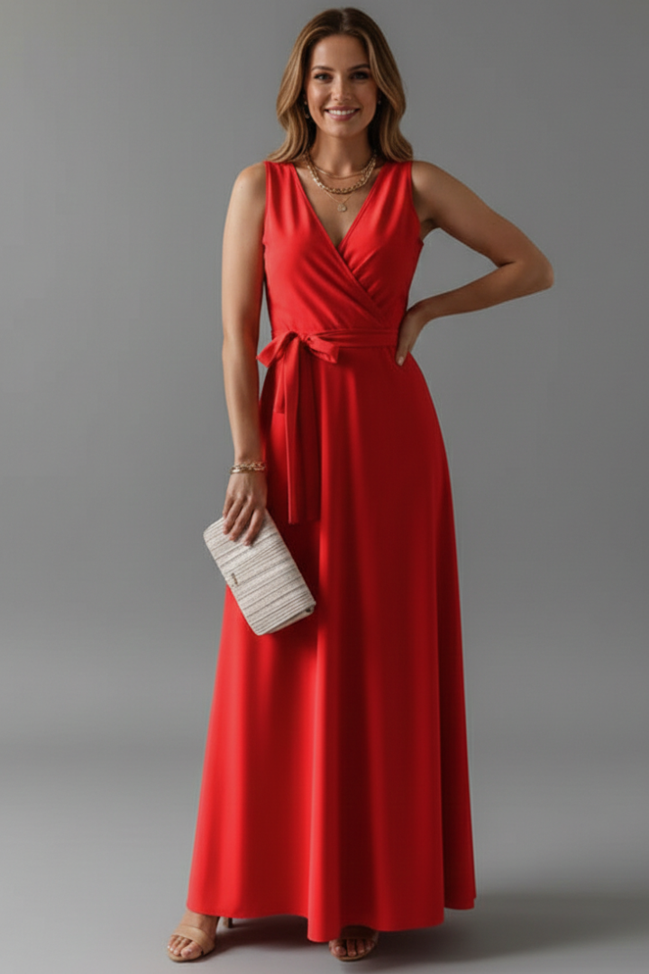 Women's V-Neck Maxi Dress | Sleeveless Floor Length Woven Gown with Adjustable Waist Tie | Versatile Occasion Long Dress