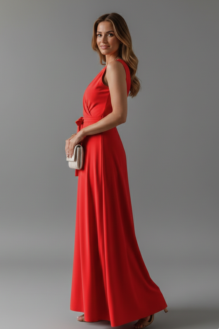 Women's V-Neck Maxi Dress | Sleeveless Floor Length Woven Gown with Adjustable Waist Tie | Versatile Occasion Long Dress
