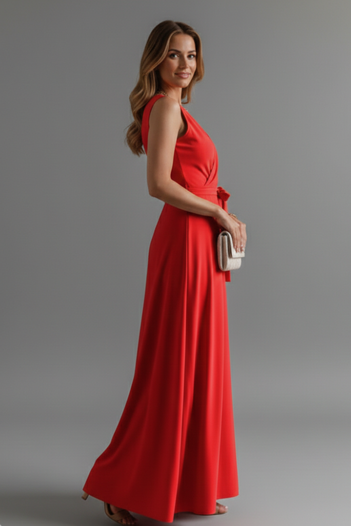 Women's V-Neck Maxi Dress | Sleeveless Floor Length Woven Gown with Adjustable Waist Tie | Versatile Occasion Long Dress