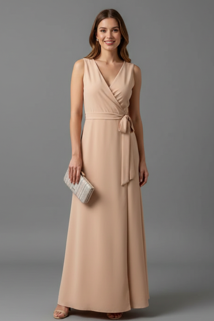 Women's V-Neck Maxi Dress | Sleeveless Floor Length Woven Gown with Adjustable Waist Tie | Versatile Occasion Long Dress