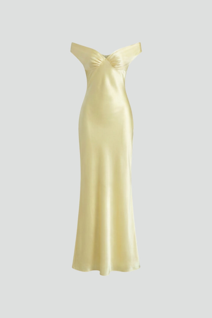 Women's Off-Shoulder Maxi Dress - Fitted Bodice Floor-Length Evening Gown with Folded Neckline - Elegant Formal Long Dress