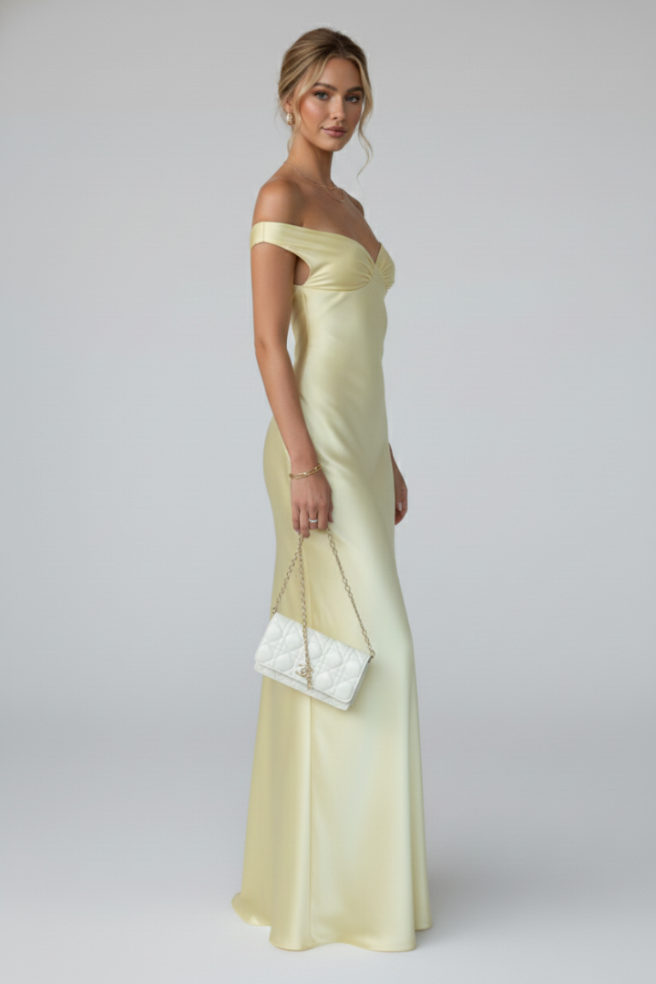 Women's Off-Shoulder Maxi Dress - Fitted Bodice Floor-Length Evening Gown with Folded Neckline - Elegant Formal Long Dress