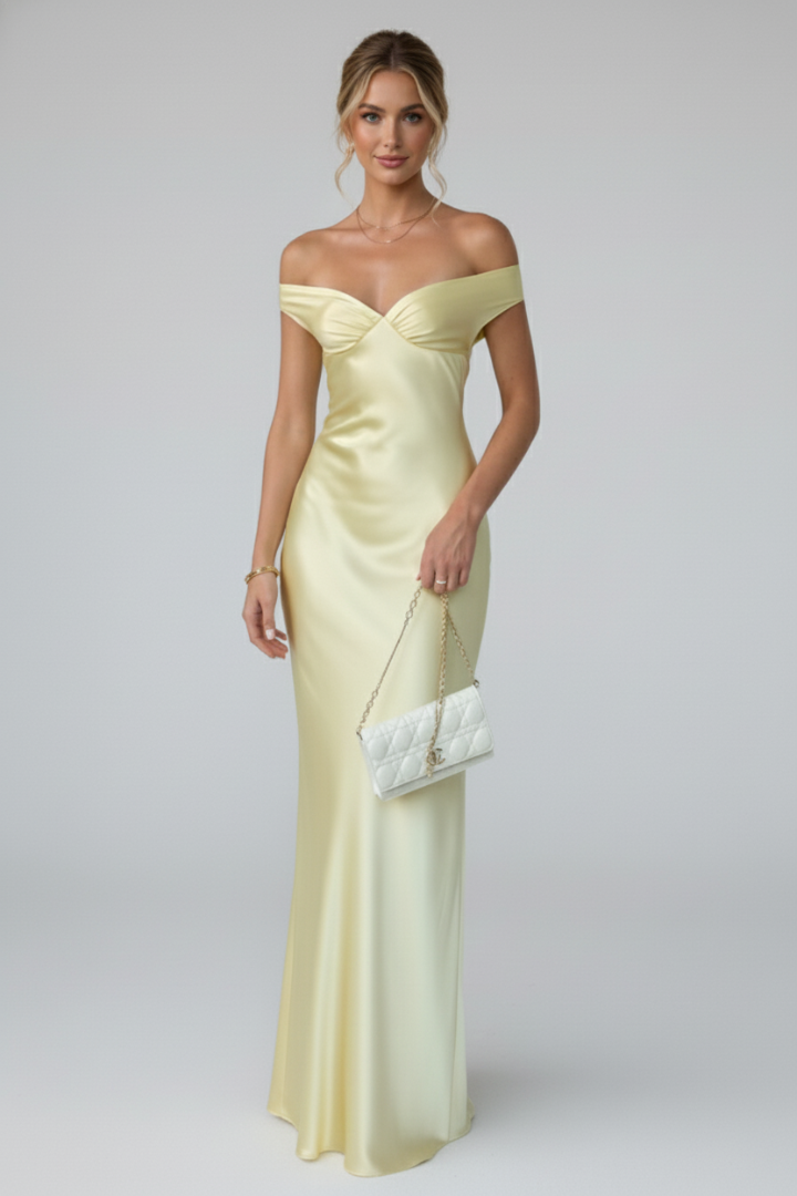 Women's Off-Shoulder Maxi Dress - Fitted Bodice Floor-Length Evening Gown with Folded Neckline - Elegant Formal Long Dress
