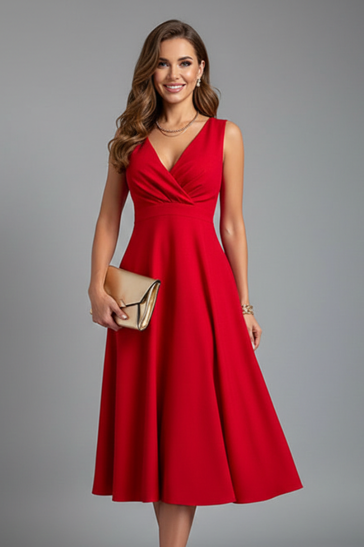 Abito midi da donna con scollo a V - Modello svasato senza maniche con chiusura a zip sul retro - Abito da cocktail versatile sotto il ginocchio
