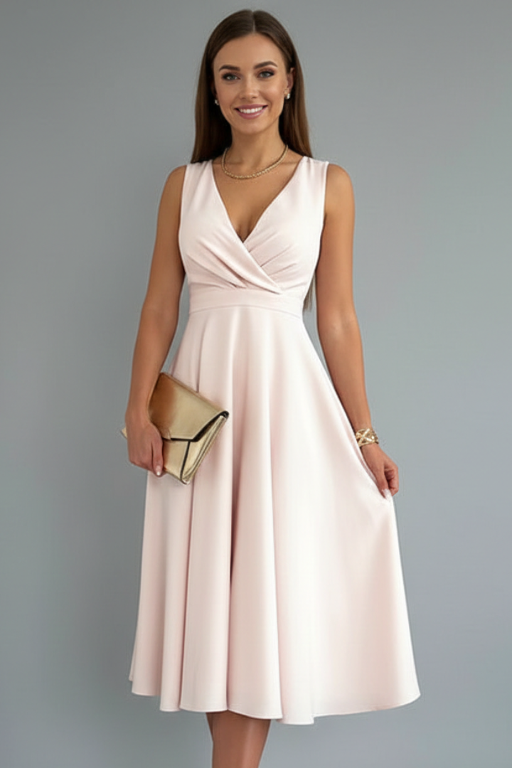 Abito midi da donna con scollo a V - Modello svasato senza maniche con chiusura a zip sul retro - Abito da cocktail versatile sotto il ginocchio