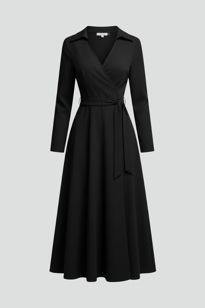 Women's Long Sleeve Midi Dress with V-Neckline and Lapel Collar | Adjustable Waist Tie A-Line Skirt with Front Slit Detail
