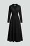 Women's Long Sleeve Midi Dress with V-Neckline and Lapel Collar | Adjustable Waist Tie A-Line Skirt with Front Slit Detail