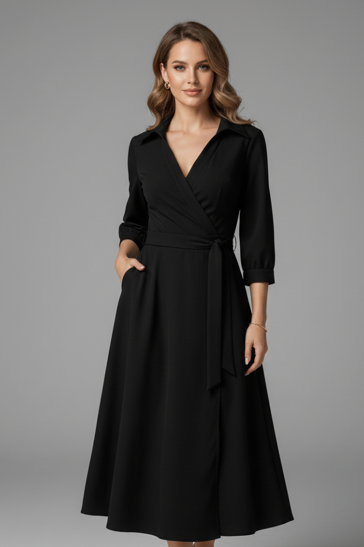 Women's Long Sleeve Midi Dress with V-Neckline and Lapel Collar | Adjustable Waist Tie A-Line Skirt with Front Slit Detail