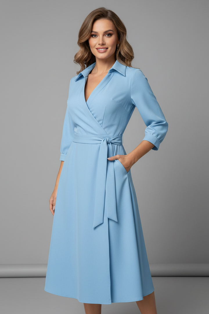 Women's Long Sleeve Midi Dress with V-Neckline and Lapel Collar | Adjustable Waist Tie A-Line Skirt with Front Slit Detail