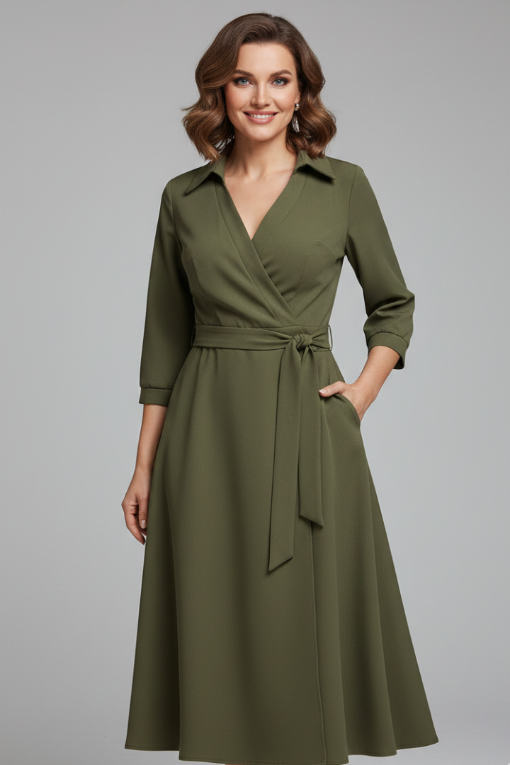 Women's Long Sleeve Midi Dress with V-Neckline and Lapel Collar | Adjustable Waist Tie A-Line Skirt with Front Slit Detail