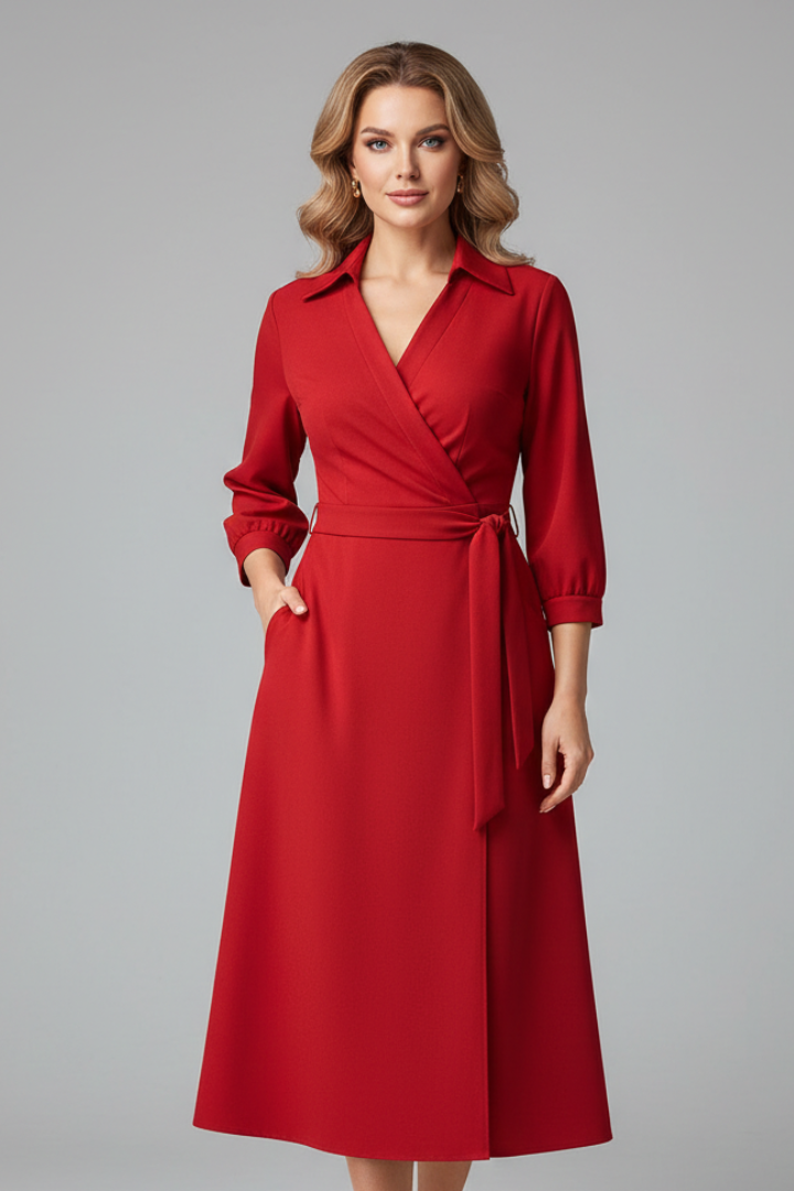 Women's Long Sleeve Midi Dress with V-Neckline and Lapel Collar | Adjustable Waist Tie A-Line Skirt with Front Slit Detail