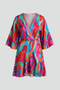 Women's Mini Dress with Batwing Sleeves and Adjustable Waist Tie | V-Neck Printed Short Dress for All Season Versatility