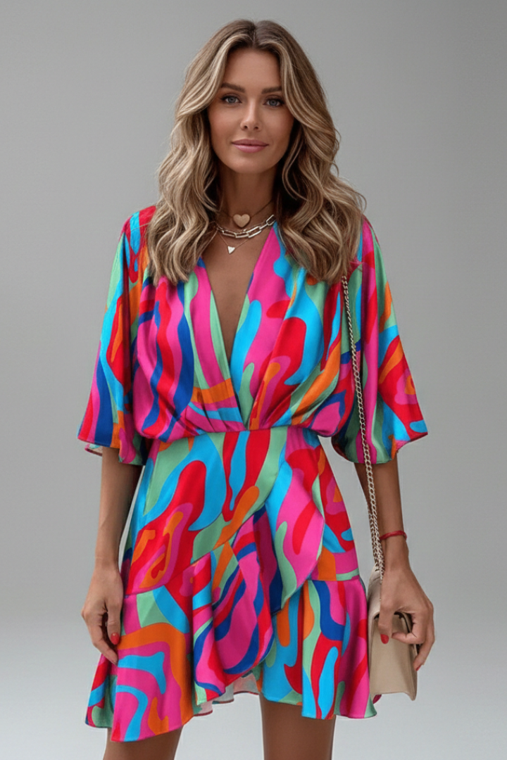 Women's Mini Dress with Batwing Sleeves and Adjustable Waist Tie | V-Neck Printed Short Dress for All Season Versatility