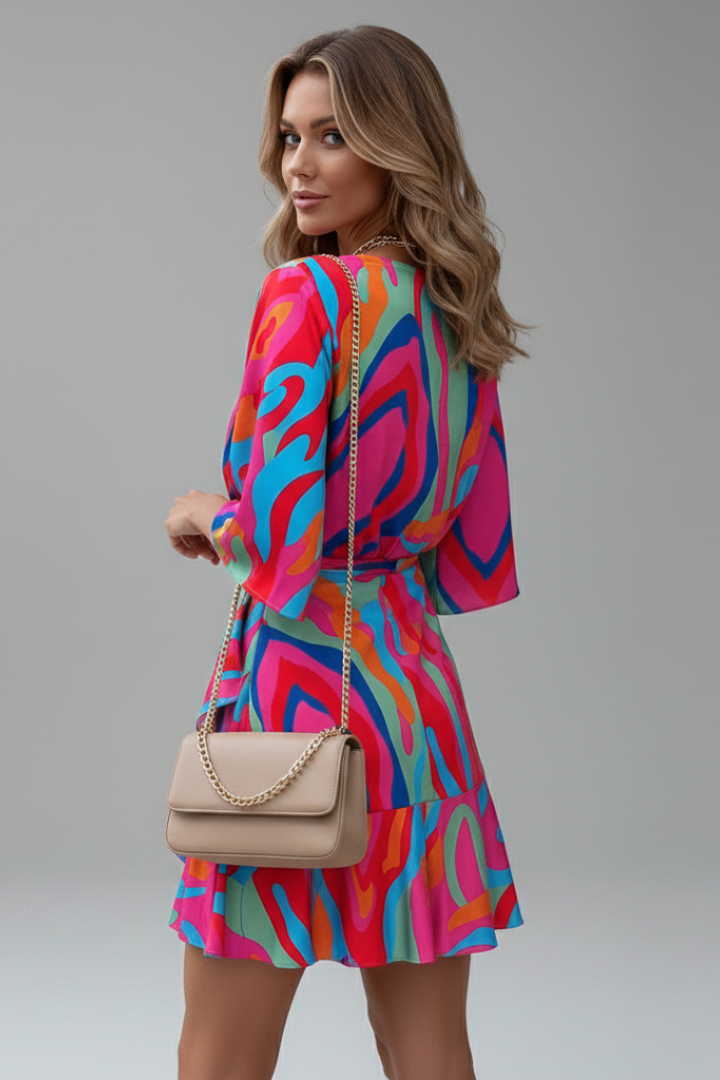 Women's Mini Dress with Batwing Sleeves and Adjustable Waist Tie | V-Neck Printed Short Dress for All Season Versatility