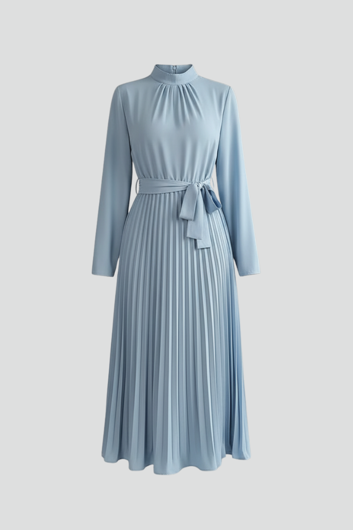 Robe midi à manches longues plissée pour femme, avec cordon à nouer à la taille et encolure haute – Jupe fluide descendant sous le mollet, avec détails froncés