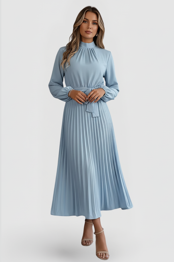Robe midi à manches longues plissée pour femme, avec cordon à nouer à la taille et encolure haute – Jupe fluide descendant sous le mollet, avec détails froncés