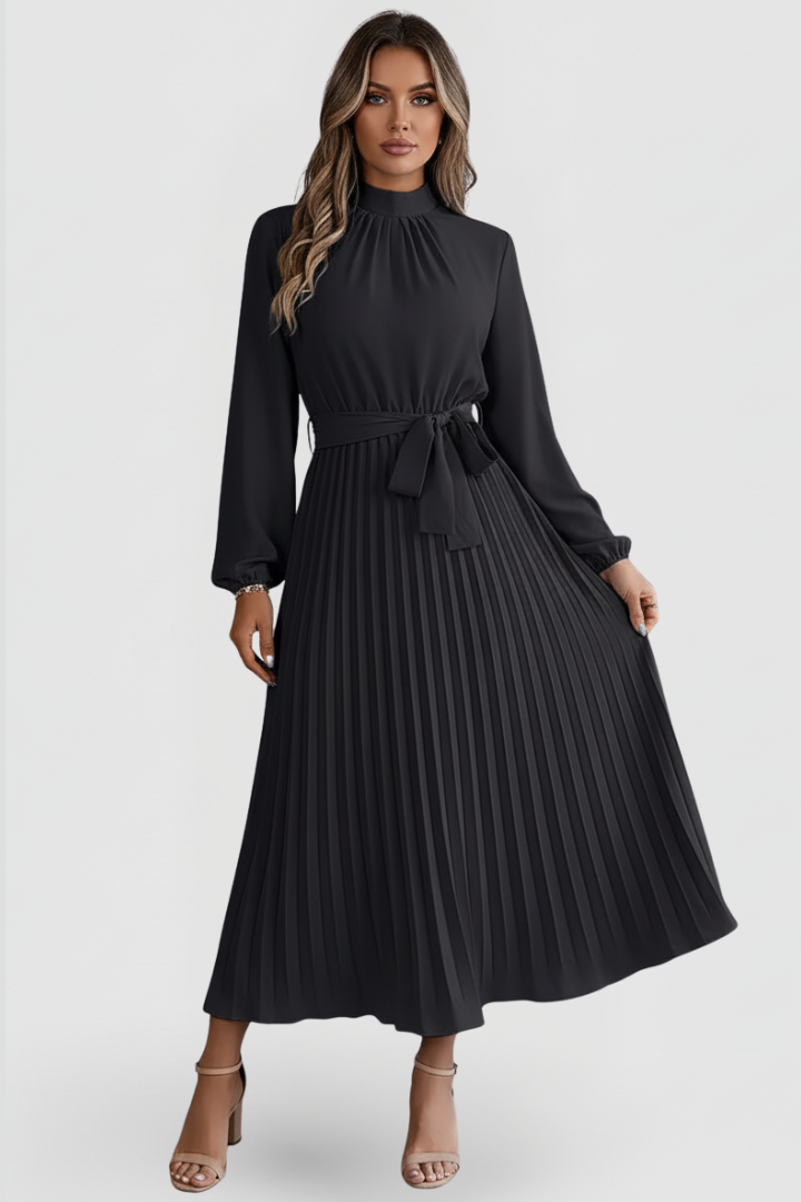 Robe midi à manches longues plissée pour femme, avec cordon à nouer à la taille et encolure haute – Jupe fluide descendant sous le mollet, avec détails froncés