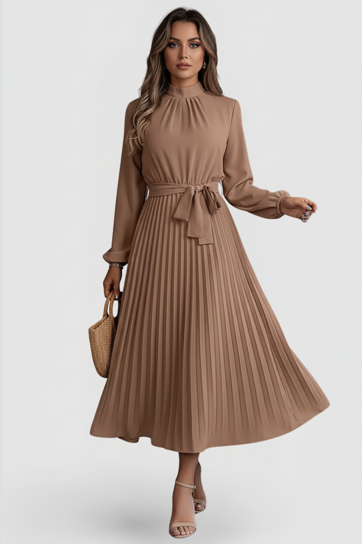 Robe midi à manches longues plissée pour femme, avec cordon à nouer à la taille et encolure haute – Jupe fluide descendant sous le mollet, avec détails froncés