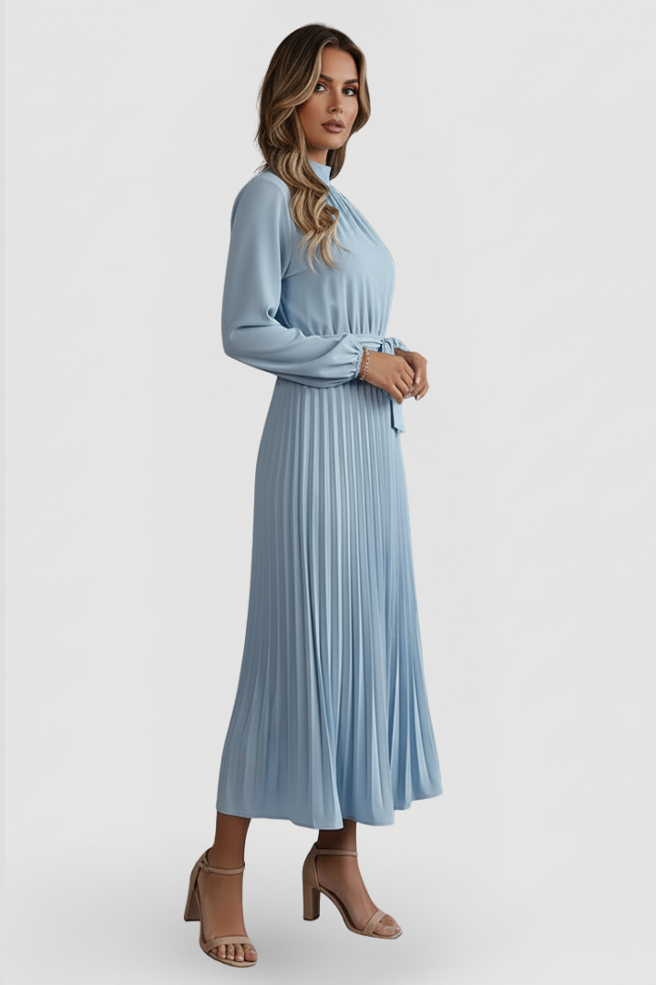 Robe midi à manches longues plissée pour femme, avec cordon à nouer à la taille et encolure haute – Jupe fluide descendant sous le mollet, avec détails froncés