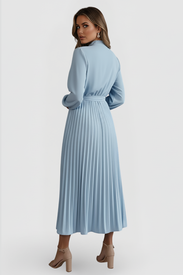 Robe midi à manches longues plissée pour femme, avec cordon à nouer à la taille et encolure haute – Jupe fluide descendant sous le mollet, avec détails froncés