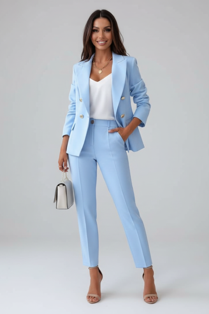 Completo da donna a due pezzi con giacca abbottonata e pantaloni a gamba dritta | Abiti eleganti coordinati per l'ufficio e occasioni formali