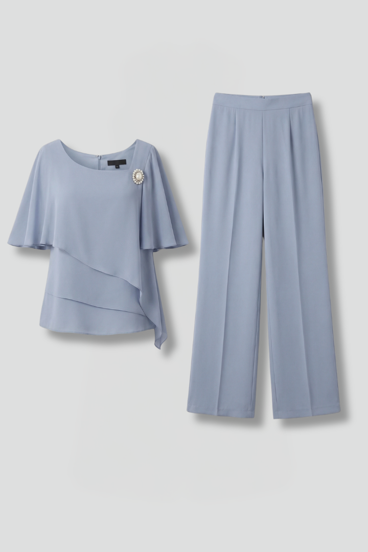 Women's Two-Piece Set with Layered Short Sleeve Top and Straight Leg Trousers | Relaxed Fit Pull-On Co-ord Outfit