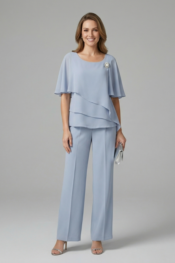 Women's Two-Piece Set with Layered Short Sleeve Top and Straight Leg Trousers | Relaxed Fit Pull-On Co-ord Outfit